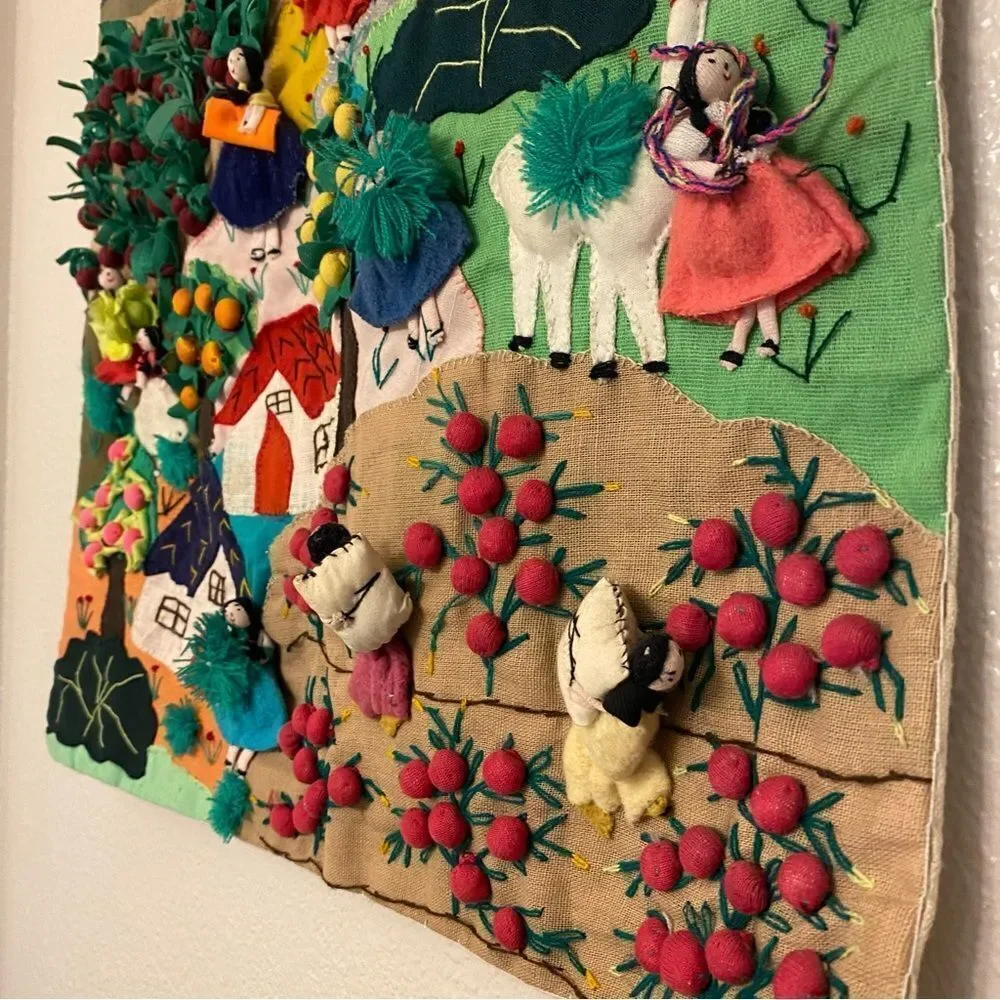 Vintage Peruvian Arpillera Wall Hanging Textile Folk Art Hand Embroidered 3D